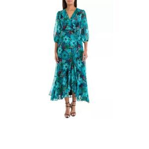 Floral Clip Dot Faux Wrap Ruffle Romantic Whimsigoth Floral Maxi Dress Size 12